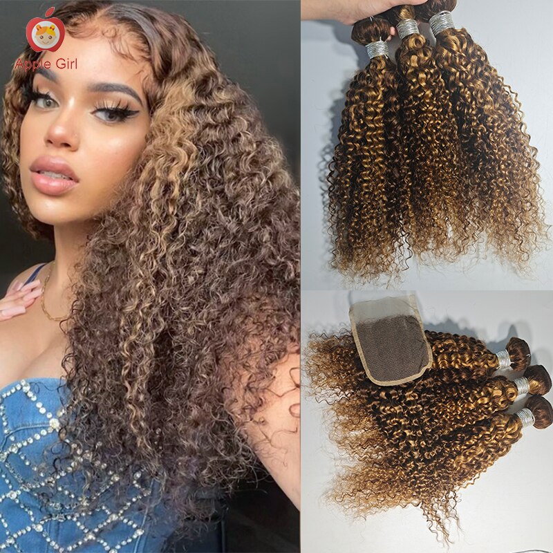   ̽ Ŭ ̶Ʈ Afro Kinky Curly Human Hair Weave Bundles With Closure Applegirl  